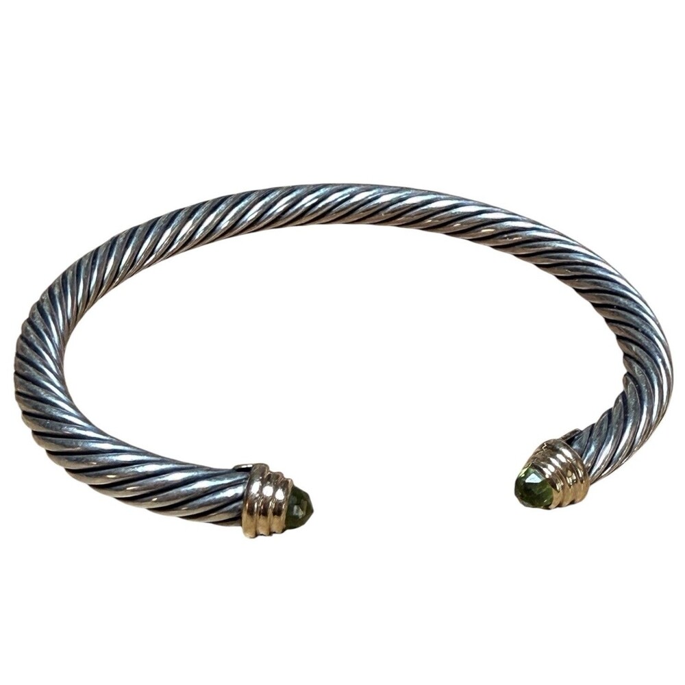 David Yurman Sterling Silver Peridot & 14K Gold 5mm Cable Cuff Bracelet Sz S 6” - Picture 2 of 9